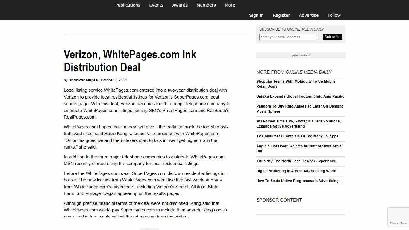 Verizon, WhitePages.com Ink Distribution Deal 10/03/2005